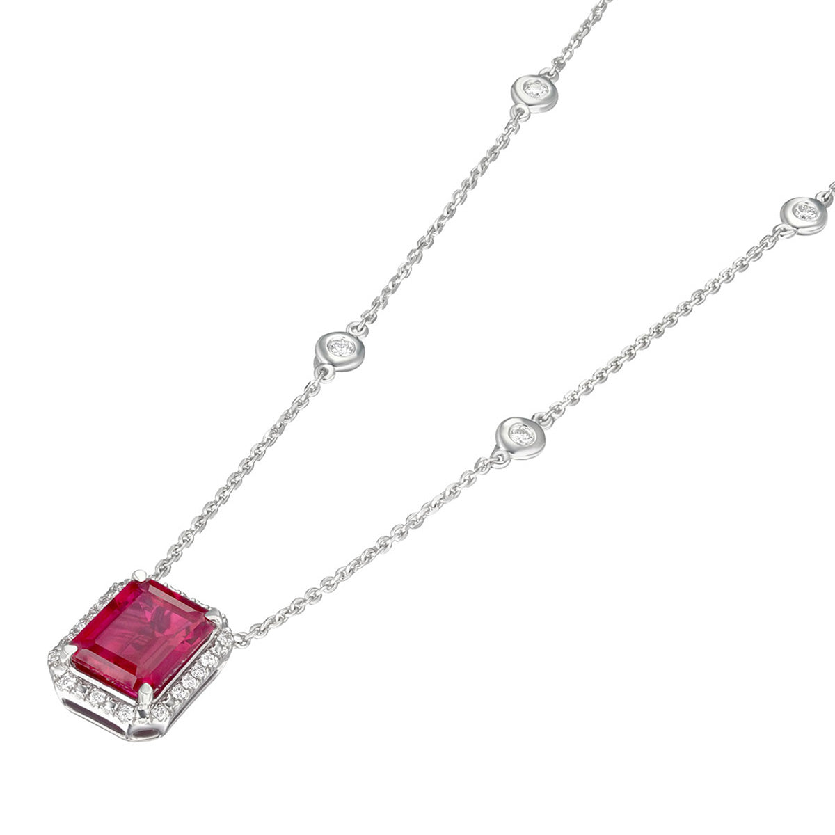 Astra 1.80ct Lab Ruby and Diamond Halo Octagon Cut Necklace in Silver